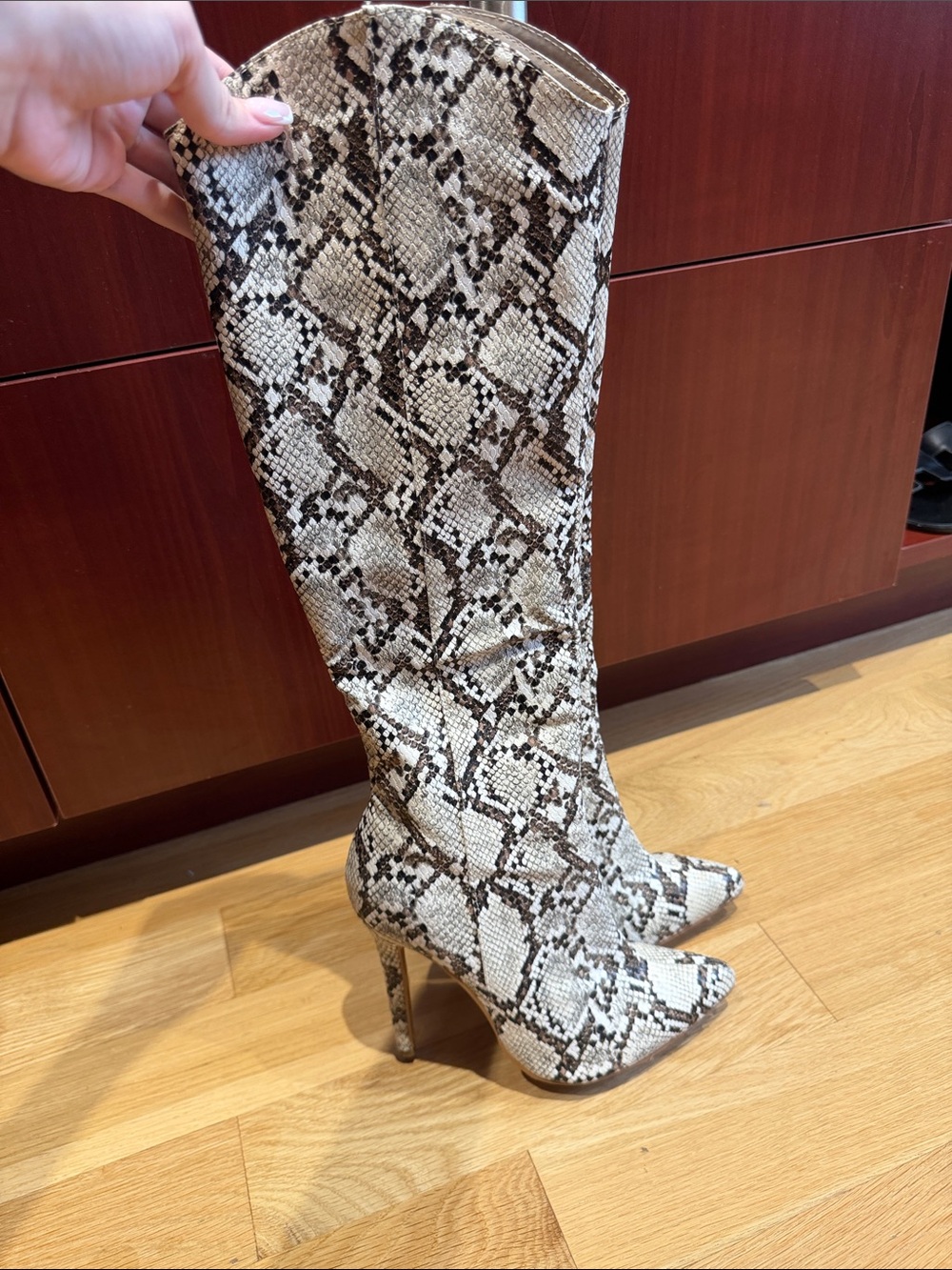 Snake-Print Over-the-Knee Stiletto Boots in Taupe & Black